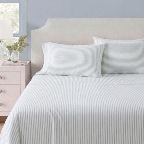 Image of Martha Stewart - King Sheet Set with Fitted Sheet & Pillowcases, Soft Cotton Flannel Bedding, Deep Pocket, Ticking Stripe Blue