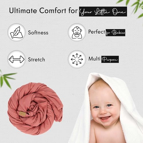 Image of K E L O R Swaddle Blankets, Baby Swaddling Wrap Nursery Blanket for Boys & Girls Unisex, Soft 95% Viscose from Bamboo and 5% Spandex, Large 45 x 45 inches, Ribbed Blush Pink