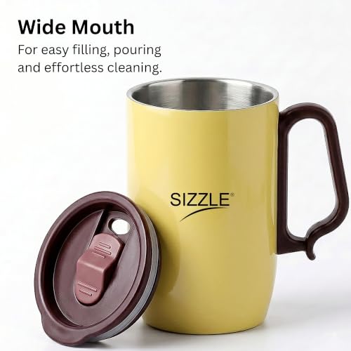 Image of Sizzle Stainless Steel Tea Coffee Mug with Lid, Wide Mouth, 400 ml Travel Mug for Men, Women & Kids, Gift Mug, Yellow