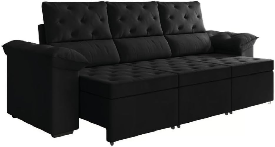 Sofá Retrátil 3 Lugares 2,10m York Suede Preto