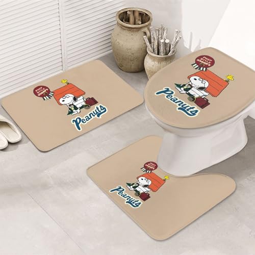 3点セット バスマット 便座カバー トイレマット U型 O型 スヌーピー かわいい アニメ 滑り止め バスセット 人気 漫画 吸水 速乾 防臭 洗える 50x80cm ファッション ギフト