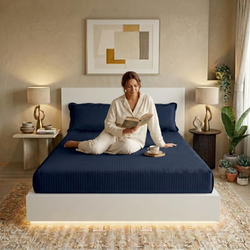 Image of Filymore Double Bed Bedsheet with 2 Pillow Covers, 300 TC Soft Microfiber Satin Striped Bedsheet, Navy Blue Striped Bedcover for Double Bed, Breathable & Comfortable Bedding Set (90x90 Inches)