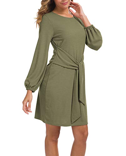 Lionstill Women's Elegant Long Sleeve Dress Casual Tie Waist Sweater Dresses Army Green Medium