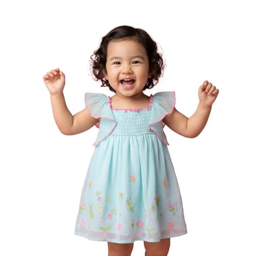 Image of Nautinati Baby Girls Trendy Fit & Flare Frock with Styled Sleeves | Age 0-3 Years