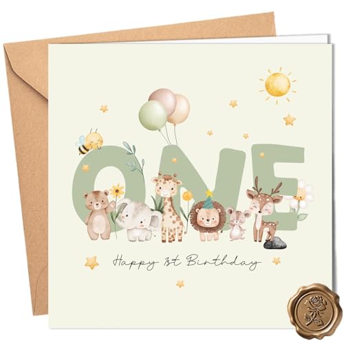 Tayenura 1st Birthday Card for Boys Cute Safari Happy 1st Birthday Design Greeting Card with Envelope and Embossed Seal Sticker Ideal First Birthday Gift for Grandson Nephew 145x145mm