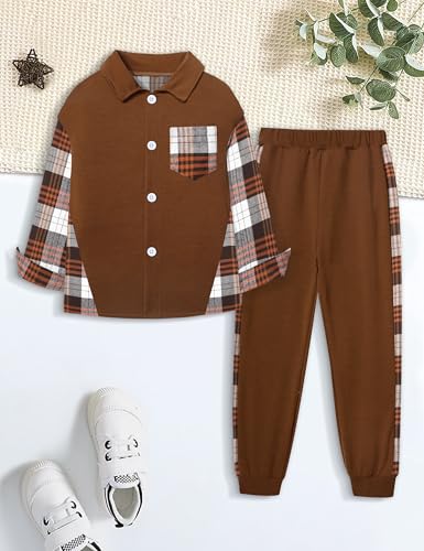 Image of Oranchids Boys Clothes Size 6 7 Boys' Clothing Sets Long Sleeve Brown Plaid Shirts Button Down Sweatshirt Jogger Fall Outfits Winter Clothes Thanksgiving Outfit