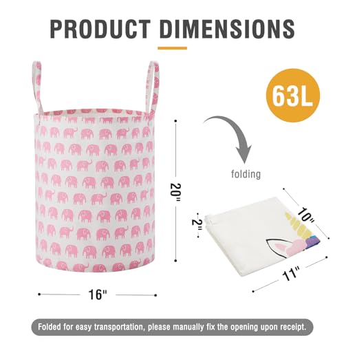 Image of Baby Laundry Basket Nursery Hamper with Long Handles, Pink Elephant
