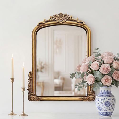 MIDEFINCH Vintage Arched Wall Mirror, Ornate Baroque Decorative Frame, Distressed
