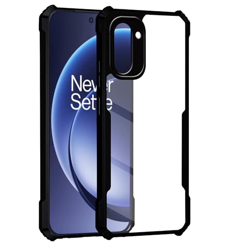 Image of Amazon Brand - Solimo Clear Back Cover Case for OnePlus 15R 5G | 360 Degree Protection | Transparent Back Cover Case for OnePlus 15R 5G (PC & TPU, Black Bumper)