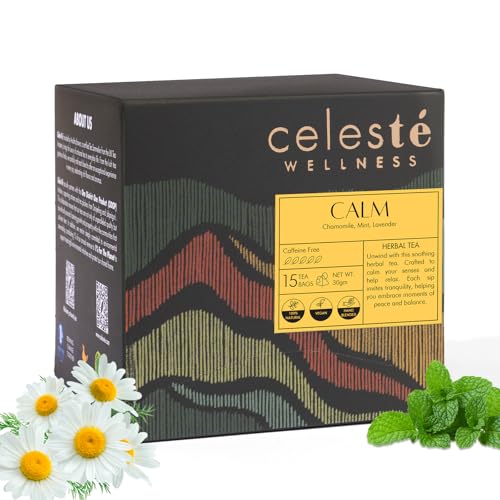 Image of Celeste Calm, Lavender Chamomile Tea - with Mint | 15 Pyramid Herbal Tea Bags | 100% Natural Ingredients