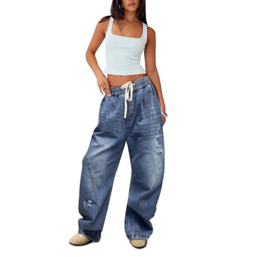 Womens Casual Summer Barrel Jeans for Women Trendy Mid Rise Barrel Pants Loose Boyfriend Jeans