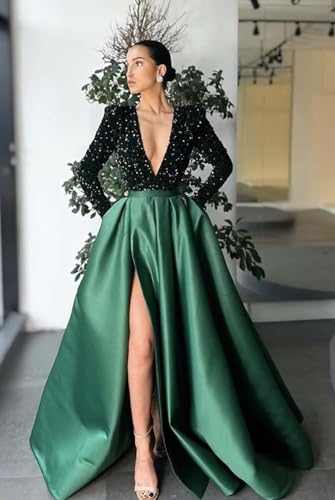 A-Line Prom Gown Bling Sequin Satin Ball Gown with Pockets Pleated Long Sleeve Formal Evening Dresses Deep V-Neck JS00082