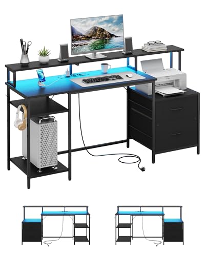 KIMENICH Escritorio, Mesa para Ordenador, Mesa Gamer con LED y Enchufe, Mesa Oficina con Estante para Impresora y Soporte para Monitor, 2 Cajones, 2 Ganchos, Estantes Ajustables, 160 cm, Negro