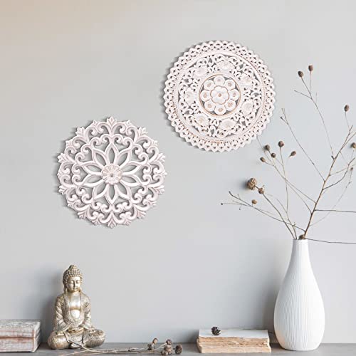 Kvintes Wooden Floral Wall Art Hanging, Medallion Wall Décor, Round Decorative Carved Distressed White Mdf Sculpture Wall Panel For Your Room Or Office thumb #5