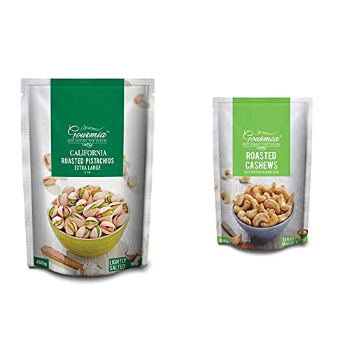 Image of Gourmia California Roasted Pistachios Extra Large Lightly Salted 200g & Gourmia Roasted Cashews Tangy Masala 200g