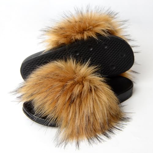 Image of MH Bailment Womens Furry Fluffy Slippers Faux Fur House Slippers Open Toe Fuzzy Slides Soft Flat Slip On Sandals for Indoor Outdoor