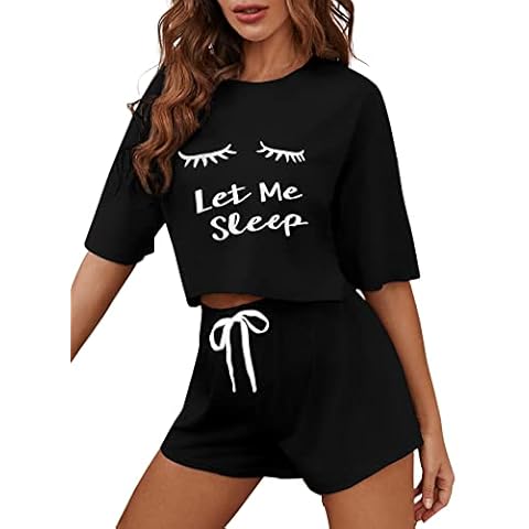 DIDK Damen Pyjama Set Drop Shoulder Kurzarmshirt und Shorts Zweiteile Schlafanzug Set Sommer Sleepwear Hausanzug Sets Cover