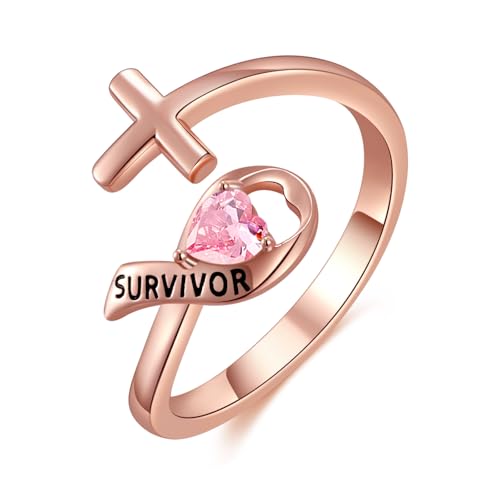 TANGPOET Anillo de plata de ley 925 chapado en oro rosa con lazo rosa y cruz para el cáncer de mama, joyería de concienciación y supervivencia, talla única, Plata de ley, Zircón