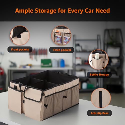 Image of Amazon Basics Car Boot Organizer with 3 Large Compartments & 8 Mesh Pockets | Foldable 600D Oxford Storage Box with Lid & Securing Straps (Beige, 58x43x27 cm)
