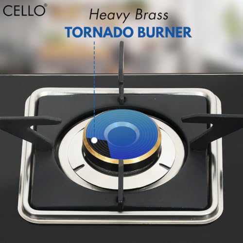 Image of Cello Pearl Plus Hob-Top 4 Burner | Manual Ignition | 8mm Toughened Glass | Flower Design Brass Burners | 1 Year Warranty by Cello | Black