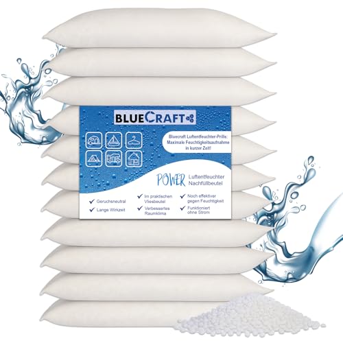 Bluecraft - 10x 1kg Luft-Entfeuchter Nachfüllpack Calciumchlorid Prills im Vliesbeutel | Effektiv & Schnell | Raumentfeuchter ohne Strom | Feuchtigkeitskiller