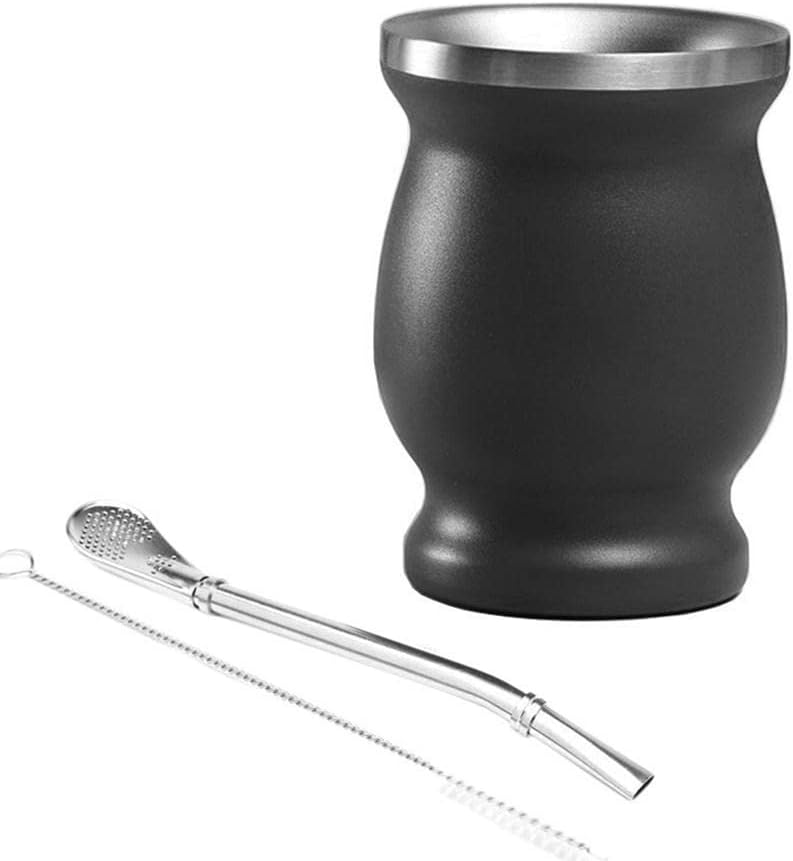 Jenny Watson 8.8oz Yerba Mate Cup 304 Stainless Steel Double Wall Argentine Yerba Mate Gourd Cup with Lid, Bombilla Straw, Spoon and Cleaning Brush Set