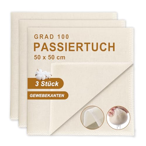 Quelcc 3 Stück Passiertuch, 50 x 50 cm Käsetuch Waschbare Mulltücher, Abseihtuch Wiederverwendbar zum Sieben von Saft Käse Tee Nussmilch Suppe Joghurt Tofu
