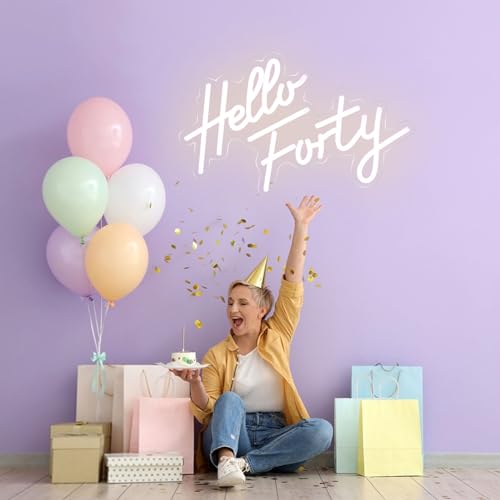 Image of Hello Forty Neon Sign 40th Birthday Party Decorations Neon Signs Hallo Forty Party Favors LED Neon Lights Gift for Him /Her