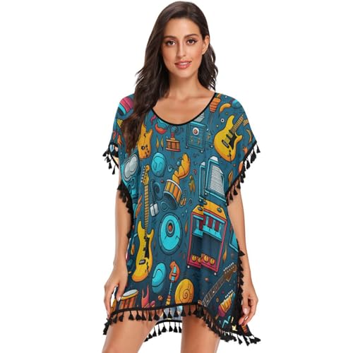 Cartoon Doodle Guitar Art Women's Beach Cover Up Chiffon Tassel Swimwear Swimsuit Coverups for Girl