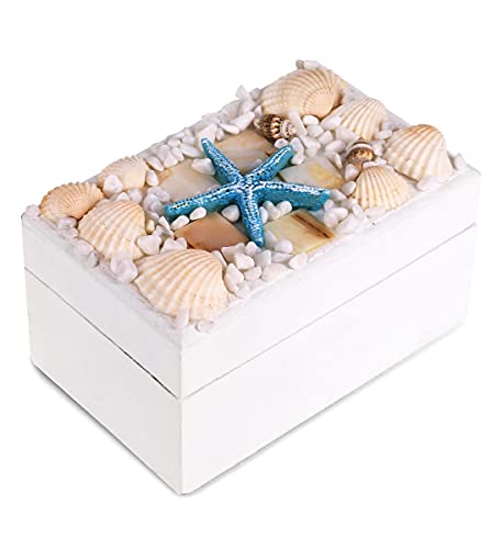 CoTa Global Oceanic White Wooden Jewelry Box - Handcrafted Nautical Trinket with Seashell and ?Starfish Decorations, Accent Tabletop Home Decor, Beach Sea Shell Jewelry Storage Organizer - 4.4 Inch