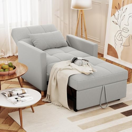 UNIONLINE Single Sofa Chair 175cm Grey, Sleeper Chair Bed Pull Out Convertible, 3-in-1 Adjustable Sleep Armchair with Side Pocket for Small Room/Living Room/Apartment