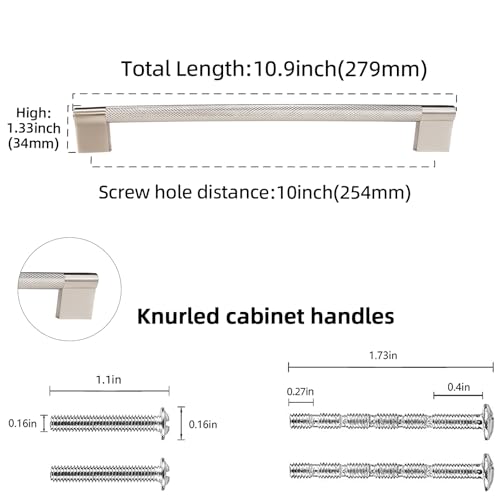 POVEFONK 10 Pack 10 inch(254mm) Brushed Satin Nickel Kitchen Cabinet Handles Knurled Cabinet Pulls Drawer Pulls Kitchen Hardware by POVEFONK - Image 2