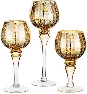Nuptio Glass Candle Holder Tall - 3 Pcs Large Tea Lights Candle Holders Gold Tealight Table Candle Holder Set for Floating & Pillar Candles, Mercury Candleholders for Wedding Party Christmas Decor