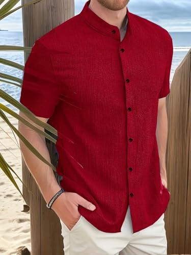 Image of Men's Solid Textured Half Sleeve Shirt with Stylish Buttons | Band Collar Casual Shirt for Summer Wear