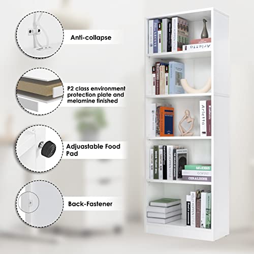 5 Shelf Wood Bookcase Freestanding Display Shelf Adjustable Layers Bookshelf for Home Office Library Small Narrow Space (White, 5-Layers,24.4W x 11.6D x 68.9H inch)