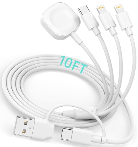 Image of 6in1 Multi Charging Cable 10FT, Magnetic Charger for Apple Watch Ultra /SE /11 /10 /9 /8 /7 /6 /5 /4 /3 /2 /1, Multiple Charger Cord for iPhone 15 /14 /13 /12 /11 /Galaxy /Pixel, White USB A /C Universal Travel Charger