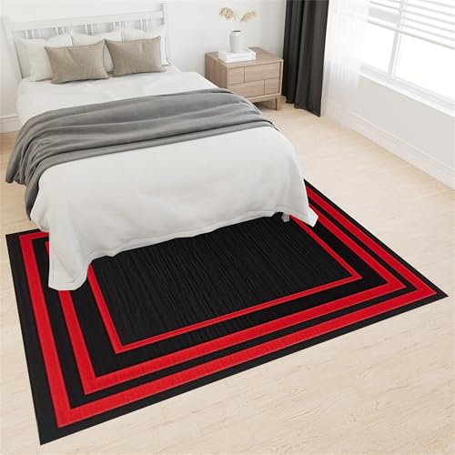 Tapete geométrico moderno 3x4 pies, negro con borde rojo miniatura 4