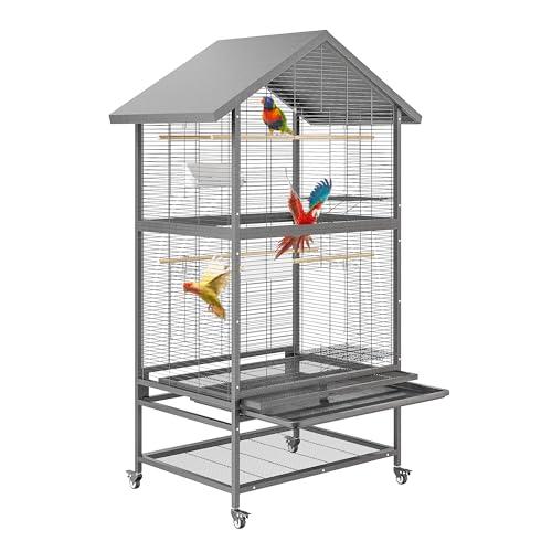 65.7 Inch Wrought Steel Bird Cage with Pull-Out Tray/Lock,Large Flight Cage with Feeding Bowl/Stand/360° Swivel Casters for Cockatiels, Greys, Parakeets, Budgies, Conures, Pigeons, Canaries, Lovebirds