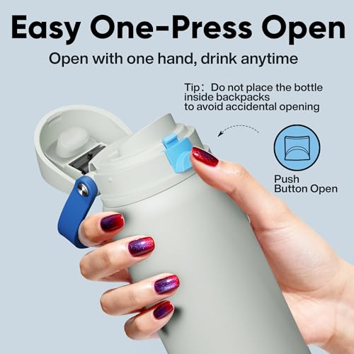 Image of Insulated Water Bottle with Straw - Encool Stainless Steel Water Bottle with Push Button Lid, Leak-Proof & BPA-Free, Keeps Cold for 24 Hours for Sports, Travel, Gym (32 oz, Quill Grey-Blue)