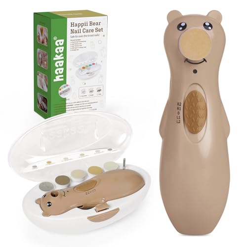 Image of haakaa Baby Nail File Electric, Rechargeable Baby Nail Trimmer with LED Light, Baby Nail Clippers for Newborn/Children's Fingernails and Toenails, 6 Replacement Heads & Storage Case, Toffee