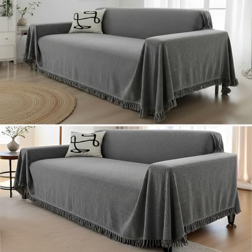 Image of The Furnishing Tree Reversible Double Sided Chenille Throw Sofa Cover, Anti-Slip Couch Cover, Comfy Sofa Towel for All Seasons, 3 Seater, Subtle Textured Woven Finish Solid Grey