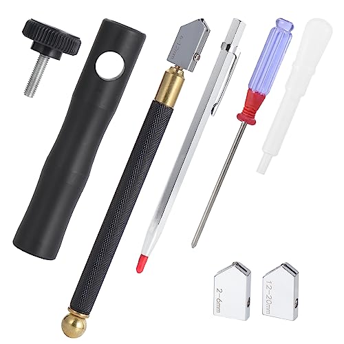 Booramy 7 Pièces Outil de Coupe de Verre pour Verre/Miroir/Carreau/Mosaïque de 2 à 20 mm d'épaisseur, Coupe-verre avec Poignée en Alliage, Alimentation en Huile, 3 Têtes de Coupe en Carbure, Tournevis