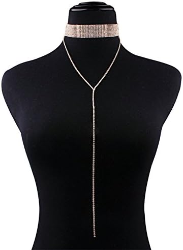 Elegant Rose Multi-rows Rhinestones Choker Necklace Round Neck Long Sweater Pendant Adjustable Necklace Jewelry for Ladies Womens