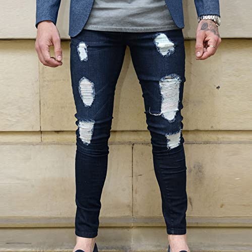 Men's Distressed Tapered Leg Jeans Destroyed Slim Fit Skinny Denim Pants Vintage Ripped Holes Stretch Jean Trousers3