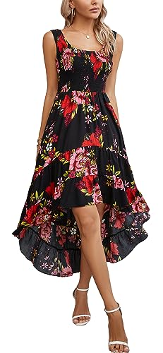 Image of Kormei Women's Casual Smocked Tank Dress Sleeveless High Low Flowy Summer Beach Tiered Loose Maxi Long Dresses XL Black /Red