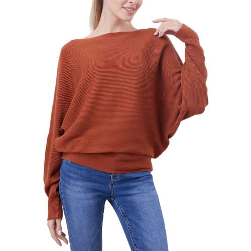 Image of FULIER Women Oversized Boat Neck Batwing Sleeves Dolman Knitted Sweaters Lightweight Pullovers Tops One Size