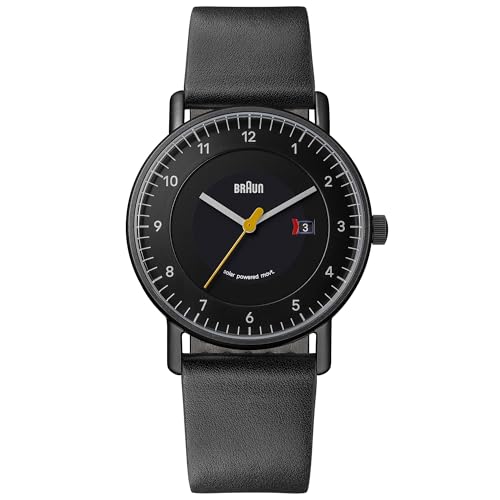 Braun Orologio da uomo a 3 lancette con datario al quarzo a energia solare, quadrante nero e cinturino in pelle nera, cassa in acciaio inox 40 mm, modello BN0301BKBKG, Ip Nero
