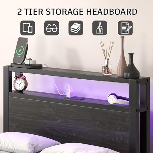 Image of E-Motie Twin Size Bed Frame with LED Lights and Charging Station, Wood Storage Headboard with 2-Tier Shelves, Heavy Duty Metal Slats, No Box Spring Need, Noise Free, Easy Assembly, Black