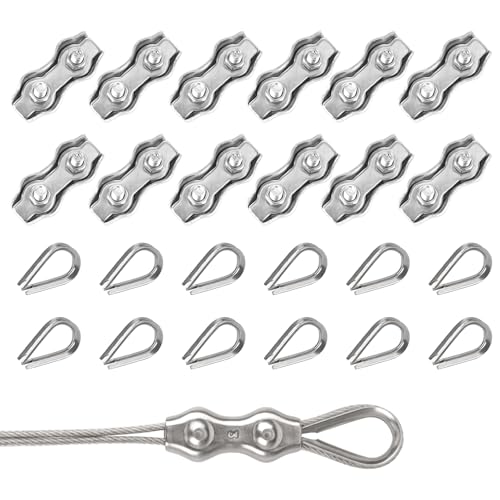 Rybtd Wire Clamp 24 PCS M3 Duplex Wire Rope Grips with M3 Wire Rope Thimbles,304 Stainless Steel 3mm Wire Rope Clamp Fence Wire Connector for 2mm Wire Rope Cable for Clothesline Tensioner Awning Fixed