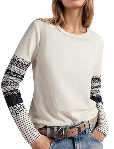 synound Women's Waffle Knit Tops Thumb Hole Floral Cuffs Long Sleeve Shirts Casual Crew Neck Slim Fit Pullover Shirts White